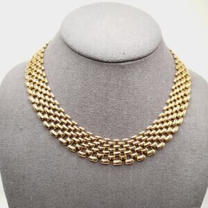 Vintage 1980s Gold Plated Wide Interlocking Chain Choker Necklace 16 Inch